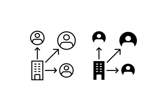 Outsourcing icon with communication flow diagrams for companyclient interactions. Suitable for presentations, business websites, and marketing materials.