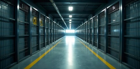 Fototapeta premium Long, empty shelter corridor, steel cages gleam in sunlight , empty space, steel cages, animals