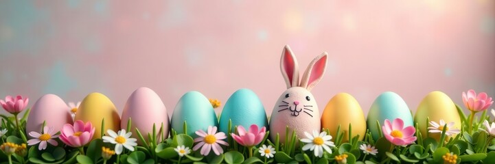 Obraz premium Pastel eggs with bunny ears nestled in vibrant spring blooms , religious, floral
