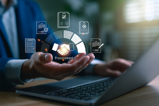 Businessman managing digital procurement process with contract, invoice, approval documents, representing B2B sourcing, vendor management, supply chain, e-procurement, paperless contract workflow.