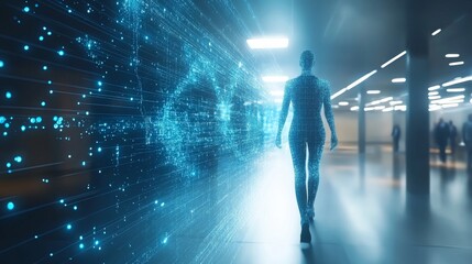 Digital world, futuristic figure walking forward.