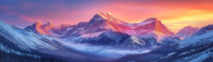Banff National Park sunset. Majestic mountain range, golden hour light, pastel sky. Use for travel, adventure, nature themes, desktop wallpaper, serene backgrounds.