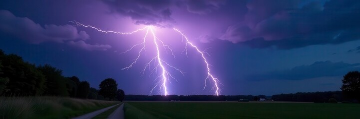 Bright lightning bolt striking during intense summer thunderstorm near Rastatt Plittersdorf , storm clouds, dark, clouds