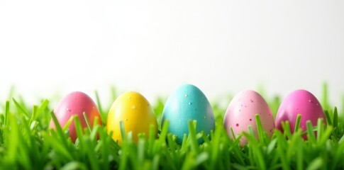Fototapeta premium Colorful Easter eggs nestled in green grass against a pure white backdrop , vivid, family