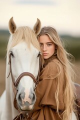 Fototapeta premium Young woman with long blonde hair resting her head on a white horse in an open field