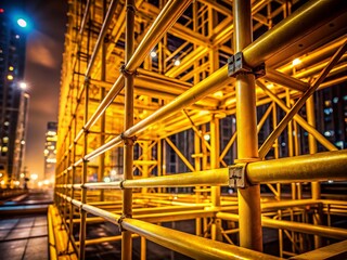Low Light Construction: Yellow Metal Beams & Scaffolding at Night