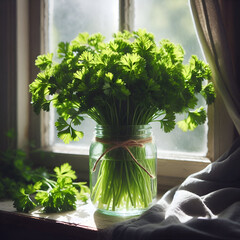 Fresh Parsley in Glass Jar by the Window