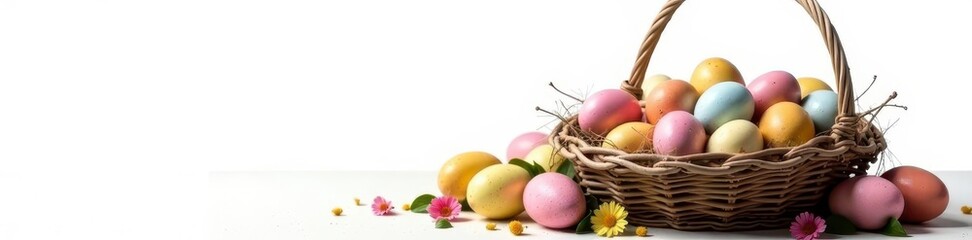Spectacular array of Easter eggs, rustic basket, pure white background , holiday, colorful Easter, spring colors