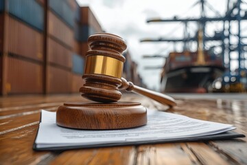 A wooden gavel rests on a clipboard with paperwork, surrounded by shipping containers and a docked ship in the background, symbolizing legal and maritime themes,

