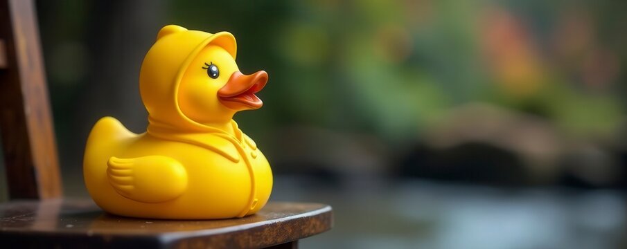Yellow rubber duck in raincoat sits on wooden chair , wooden, still life, plastic