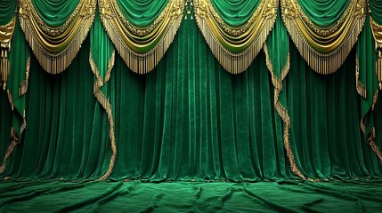 Opulent Emerald Velvet Curtains with Golden Accents for Stage or Theater