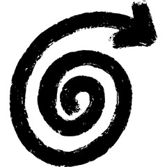 A hand-drawn black swirl arrow with textured brush strokes