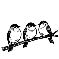 Three cute birds sitting on a branch. Black and white vector illustration.