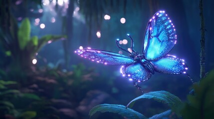 Luminous butterfly flitting through a mystical forest.