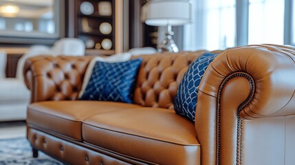 Luxurious tan leather sofa with blue patterned cushions in a modern living room