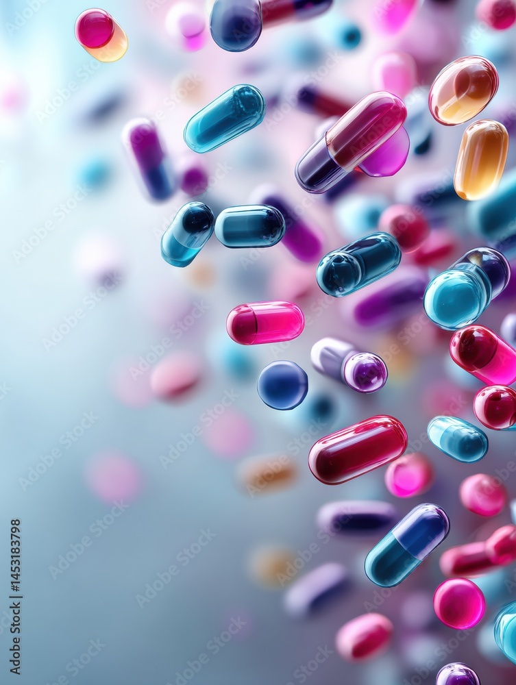 Poster colorful medicine capsules float in soft gradient space, creating an abstract visual of pharmacy and
