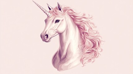 Magical white unicorn head with pink mane and horn