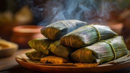 Steaming Delight: A culinary still life showcasing a stack of fresh, steaming tamales on a rustic wooden plate. Steam curls gently upward, hinting at a warm, savory experience