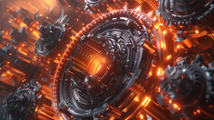 Close-up of shiny metal gears interlocked, creating a complex mechanical system with a glowing orange light emanating from the center. 