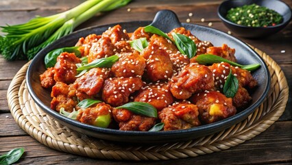 Sizzling plate of crispy Korean-style fried chicken tossed in gochujang sauce