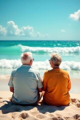 Fototapeta premium Elderly pair seated, watching waves, cheerful expressions, vibrant beach scene, content, elderly, couple