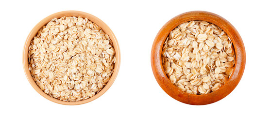 Set raw organic oat flakes in bowl on portion of oats isolated on white background. Photography for packaging