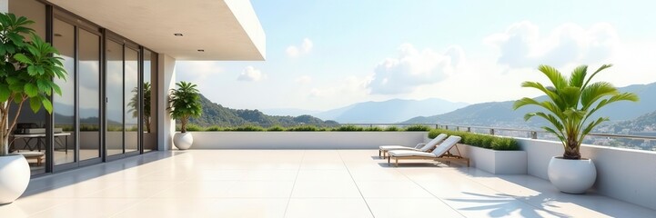 Fototapeta premium Minimalist rooftop terrace, empty, potted plants , apartment building, view