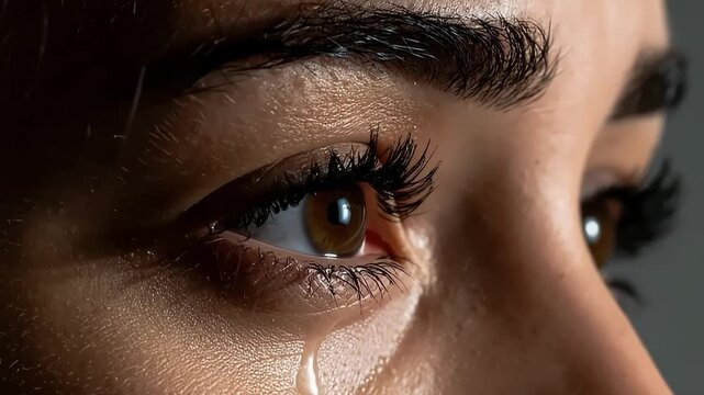 Close-up of a woman's eye with a tear rolling down her cheek.  Captures sadness, vulnerability, and emotion.