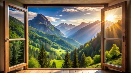 Majestic Mountain View from Open Window - Breathtaking Landscape Photography