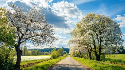 Obraz premium Scenic Road Lined with Blooming Trees on a Beautiful Spring Day