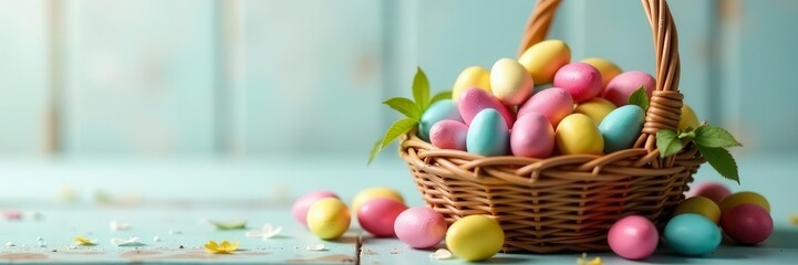 A woven basket overflowing with chocolate eggs, light wood background, light, confectionery, basket