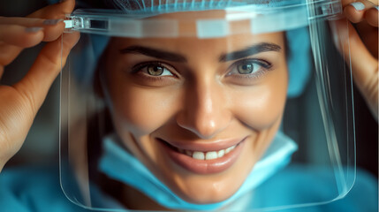 Smiling Caucasian female doctor in protective shield and scrubs in hospital setting, close-up healthcare portrait in teal and natural skin tones for medical marketing and wellness campaigns