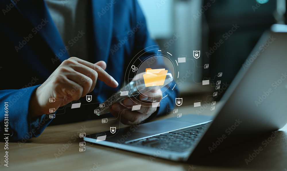 Poster businessman using smartphone to access cloud data storage with virtual folder icons. concept of digi