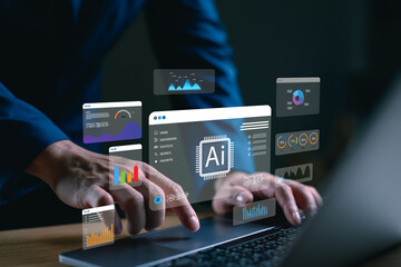 Businessman using laptop with AI data analytics dashboard interface. Concept artificial intelligence in business intelligence, big data analysis, machine learning prediction, smart data visualization.