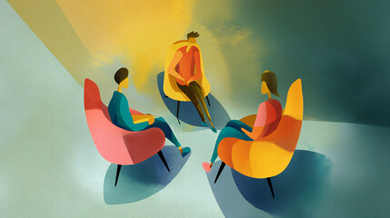 A therapist posture with client in colorful chairs, offering a calm and welcoming environment.