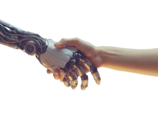 Human and robotic hand shaking hands.