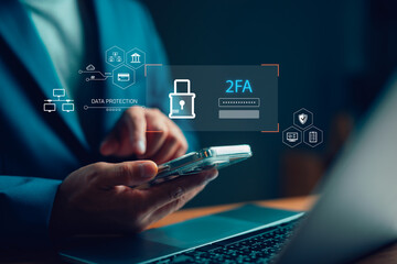 Businessman using smartphone for two-factor authentication (2FA) with data protection icons....