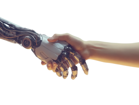 Human and robotic hand shaking hands.