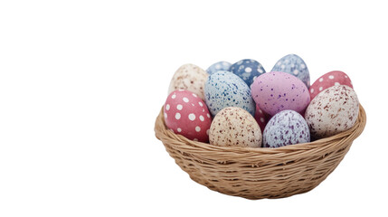 Colorful decorative eggs in a basket.