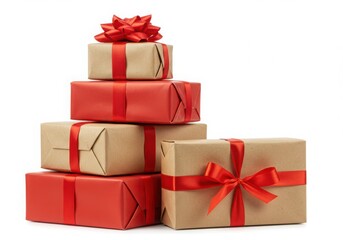 Obraz premium Stack of wrapped gifts with red ribbons on a white background indoors isolated on white background