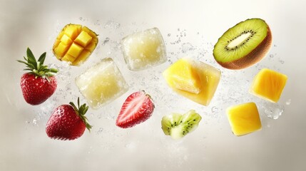 Fresh fruit pieces and ice cubes, in mid-air, with water splashes. Mango, kiwi, and strawberry slices, levitating above a light background