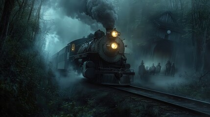 A steam locomotive moves through a misty, shadowy forest.