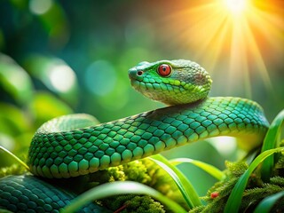 Fototapeta premium Miniature Green Viper Snake in Lush Rainforest, Tilt-Shift Photography