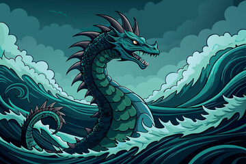 Epic sea dragon rising from a stormy ocean with powerful waves, representing strength, mystery, and mythological creatures in a dramatic scene