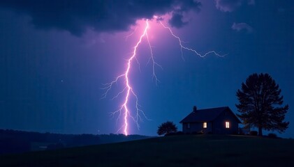 Jagged lightning bolt strikes near house, trees silhouetted, sky, rain