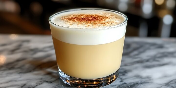 Elegant eggnog cocktail with frothy topping on marble bar surface