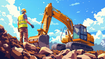 Construction worker operating heavy machinery at a job site during daytime wearing safety gear and focusing on the task .