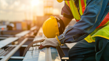 Construction worker repairing heavy machinery during sunset. 
