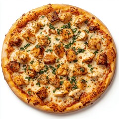 Chicken pizza close up photograph on a white background