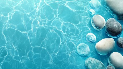Fototapeta na wymiar Serene aqua water surface with smooth gray stones background sea spa zen blue lake calm view ocean